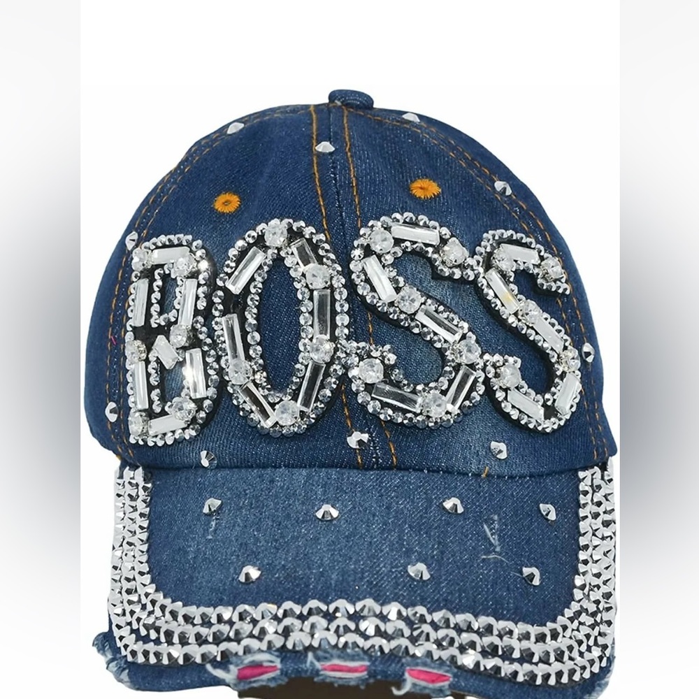 NWT Distressed Denim Rhinestone Bling BOSS Adjustable Cap Hat